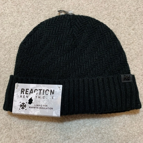 NWT Kenneth Cole Reaction Black Herringbone Knit Hat Beanie Unisex - Picture 1 of 6